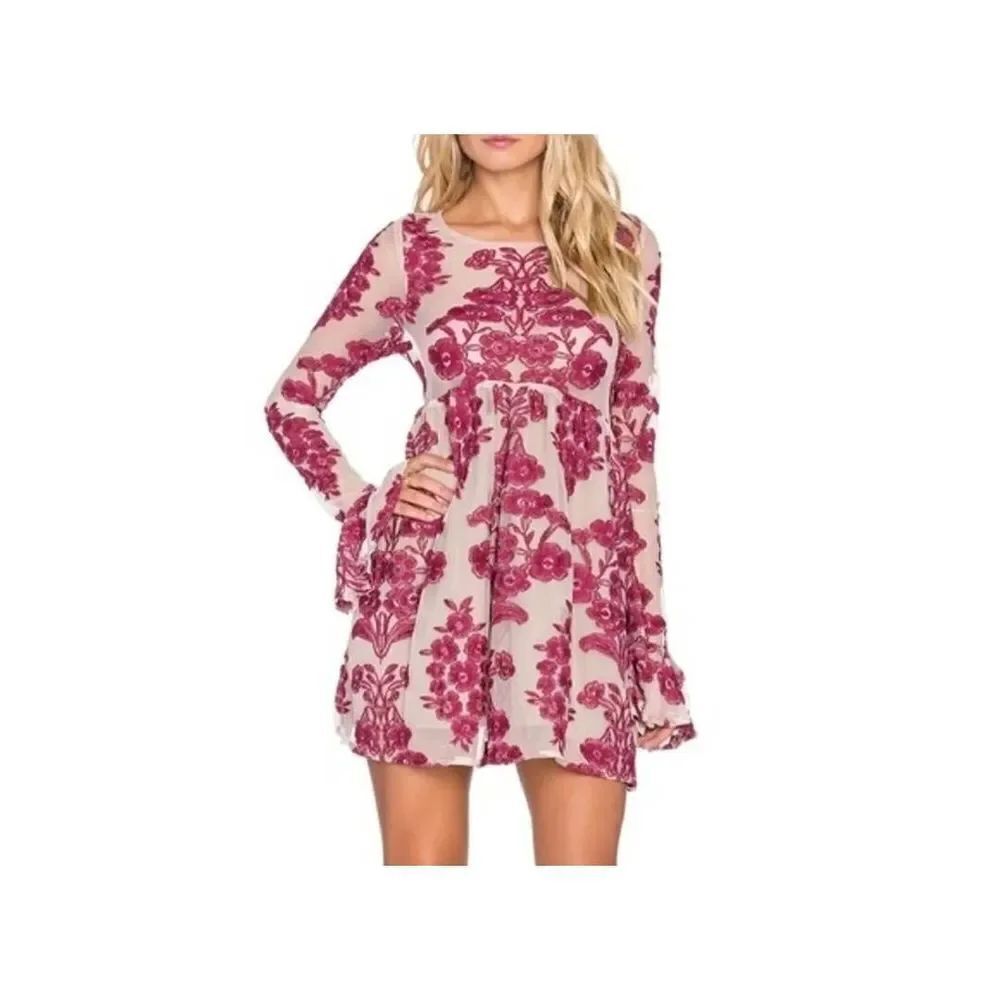 For Love and Lemons Temecula Mini Dress Wine Long Sleeve Embroidered Lace